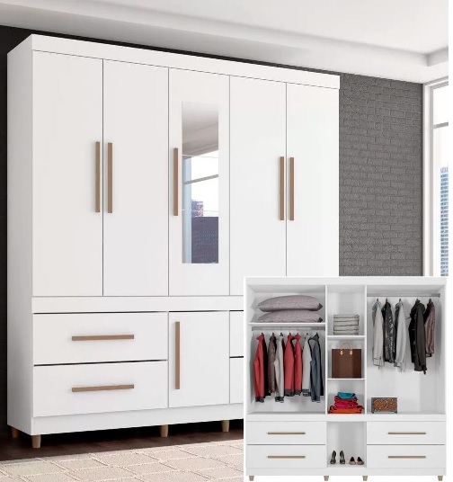 Guarda-roupa Casal com Espelho 6 Portas 4 Gavetas – Araplac Viseu Glass