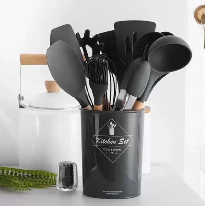 Jogo Kit Com 12 Peças Utensílios De Cozinha Colheres Espatulas Pegador Silicone Copo Suporte