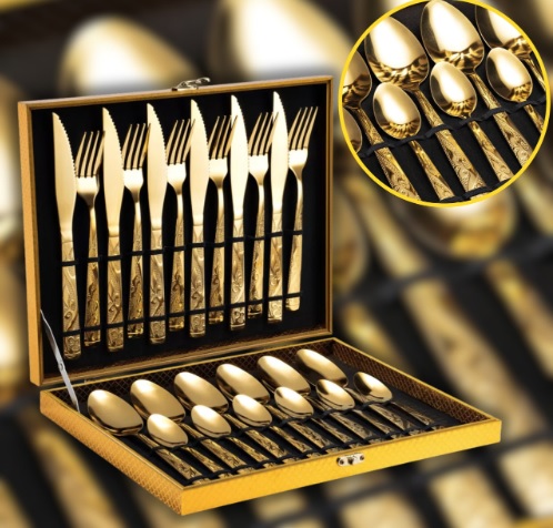 Kit Faqueiro Dourado Luxo Jogo Talheres Inox 24pçs + Maleta
