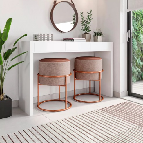 Kit Puff Redondo Iron Base Cobre Tecido Linho Bege