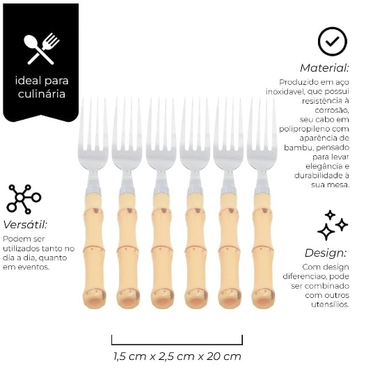 Mimo Style Conjunto de 06 Garfos de Mesa Com Cabo de Bambu, de Aço Inoxidável e Polipropileno. Perfeitos Para o Dia a Dia, Elegantes e Combinam Com Todos Os Eventos e Ocasiões. Resistente e Durável
