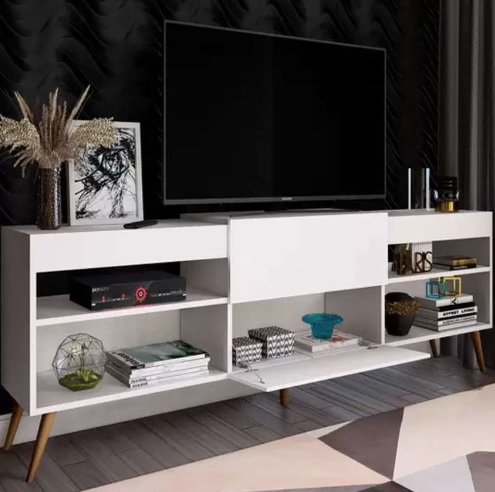 Rack Para Tv Até 55 Polegadas Roma 1 Porta 2 Prateleiras Branco Fosco , Panorama Móveis