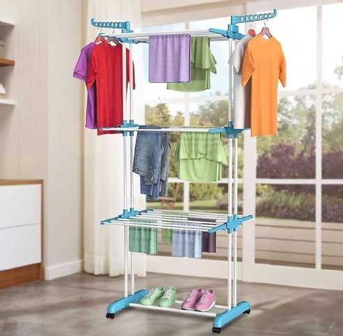 Varal De Chão Grande Varal De Roupas 3 Andares Dobrável Cor Azul