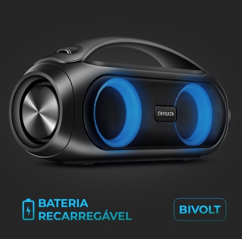 Caixa de Som Boombox AIWA Bluetooth IPX5, Luzes Multicores, com alça – AWS-BBS-02