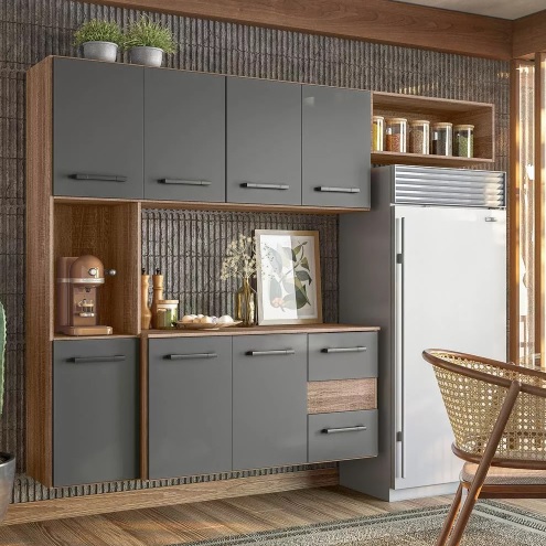 Cozinha Compacta Suspensa 7 Pts 2 Gavetas Juliete Nicioli Cor Carvalho Nature/chumbo
