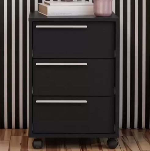 Gaveteiro Maia 3 Gavetas com Rodízios Preto Politorno