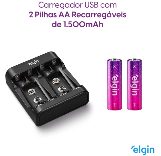 Carregador de Pilhas e Baterias USB com 2 Pilhas AA 1500mAh recarregáveis