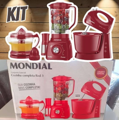 Conjunto Mondial Liquidificador Espremedor Batedeira Kt-105r Cor Vermelho Voltagem 127v