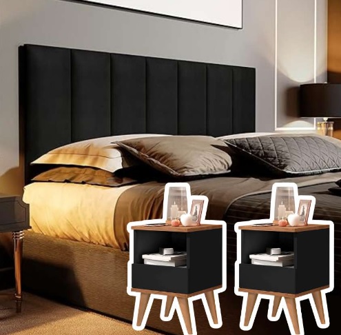 Conjunto Quarto Mesas De Cabeceira Pix Com Painel de Cabeceira De Cama 1,60 Preto/Freijó