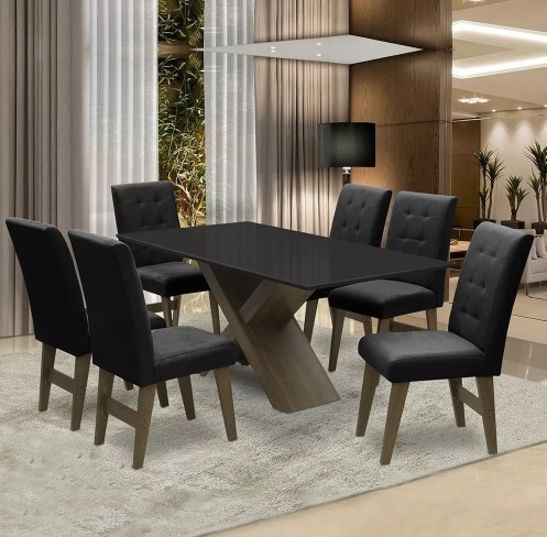 Conjunto Mesa Preto Dubai 1,60m Mdf Com 6 Cadeiras