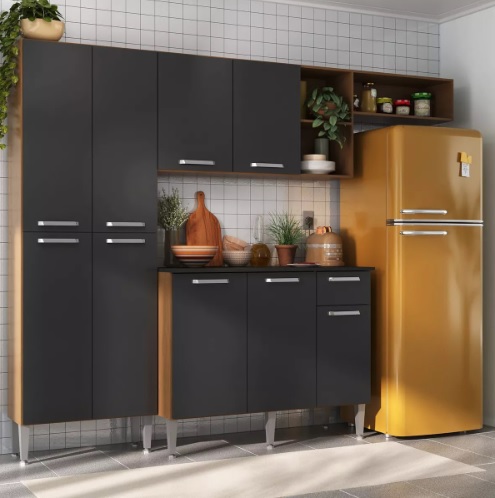 Cozinha Compacta Pequim 9 Portas Mp2933 Multimóveis Carvalho Cor Carvalho Avelã/Preto