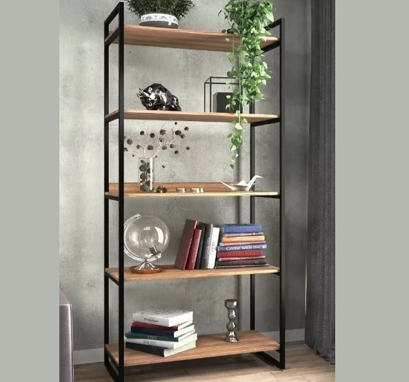 Estante Industrial Ferro E Madeira Laminada Com Metal Preto Escandinavo Moderno E-led Brasil