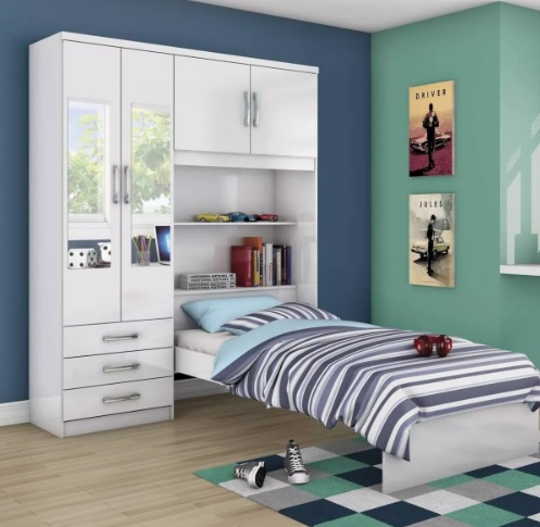 Guarda Roupa Solteiro 4 Portas Com Espelho E Cama Baú Fe Cor Branco