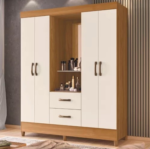 Guarda Roupas Casal Capela Com Espelho Mobi Carvalho/off Cor Carvalho Grifé/off White