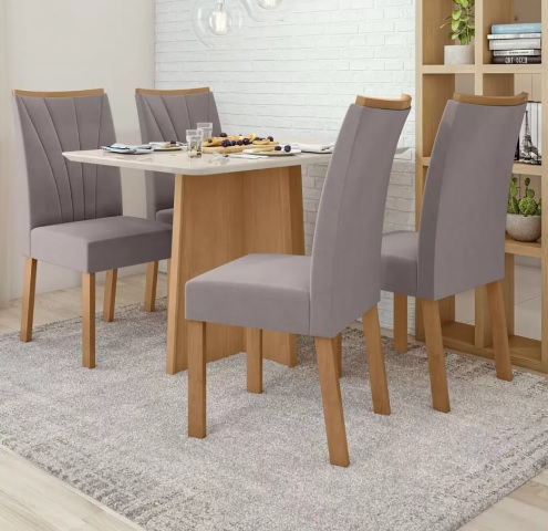 Mesa de Jantar 4 Cadeiras Retangular Branca e Amêndoa Móveis Tampo de Vidro Lopas Celebrare