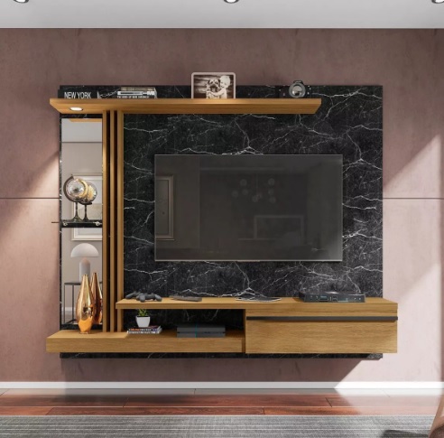 Painel Para Tv 55 Polegadas Led Prateleira De Vidro Denver Cor Nero/Cinamomo