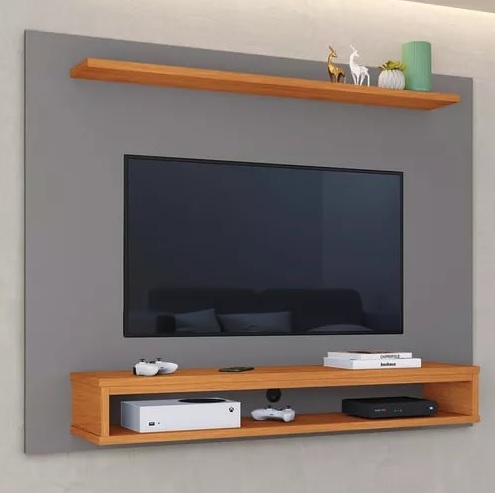 Painel Tv Ripado 32 39 40 43 47 48 Polegadas Com Prateleira Cor Ripado Freijo / Cinza