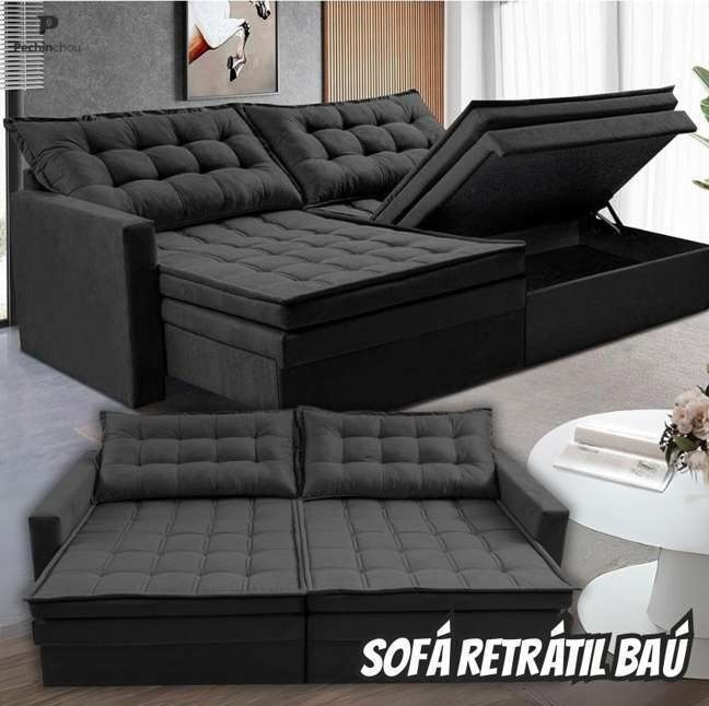 Sofá Sem Caixa Retrátil Baú 1,80m Cama Inbox Secret Suede Velusoft Preto