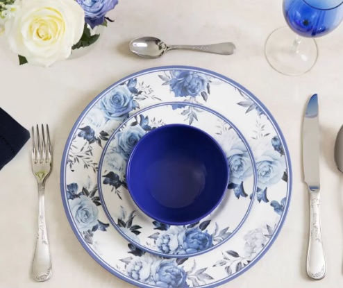 Aparelho de Jantar 12 Peças Alleanza Cerâmica Branco e Azul Redondo Antique