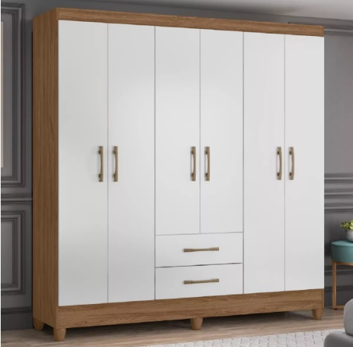 Guarda-roupa Moval Essencial Panamá cor natural/branco de mdp com 6 portas de dobradiças