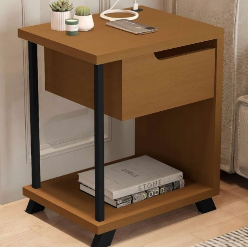 Mesa de Cabeceira 1010 Com 1 Gaveta Pés Madeira e Tomada USB Cor: Nature
