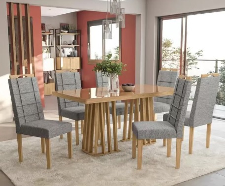 Mesa de Jantar 6 Cadeiras Retangular Cinza Kappesberg Esmeralda