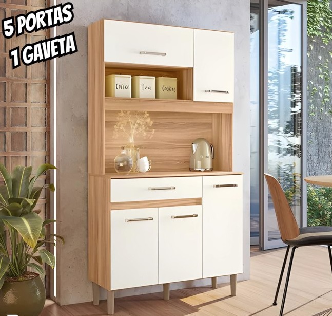 Nicioli jogo armário de cozinha Magazin 90 compacto 5 portas e 1 gaveta com bancada multiuso cor freijó Off