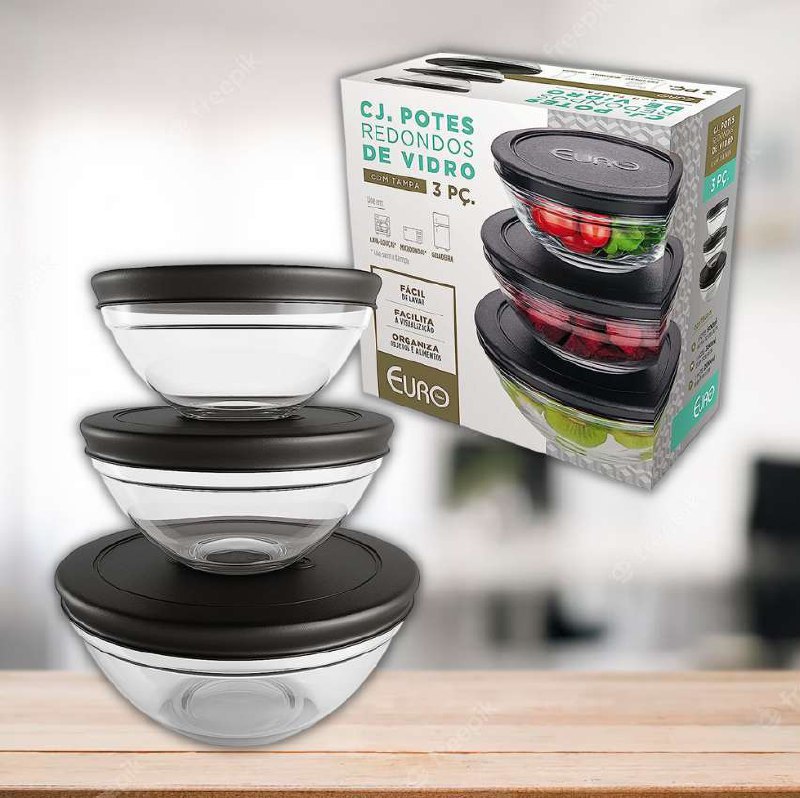 Conjunto com 3 Potes de Vidro Redondos com Tampa Plástica preta, VDR7093-PT, Euro Home