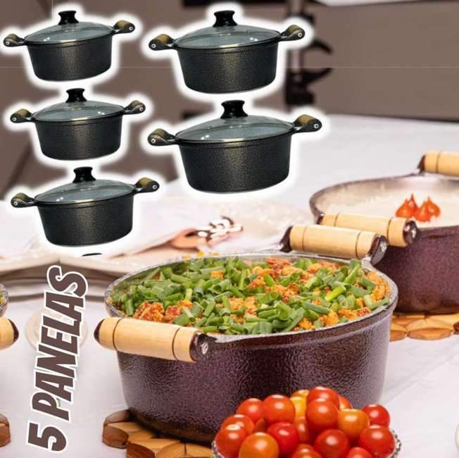 Jogo 5 Panelas Cerâmica Aluminio Fundido Antiaderente Preta