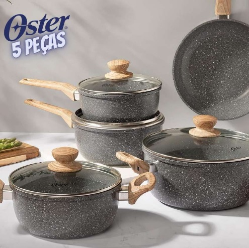 Conjunto De Panelas Indução Oster Marble Edition Dark Grey Cor Preto Granito 5 peças