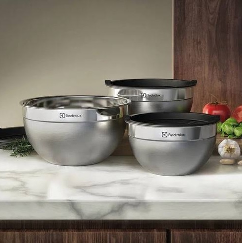 Conjunto com 3 Bowls Tigelas Inox e Tampa Plástica Electrolux