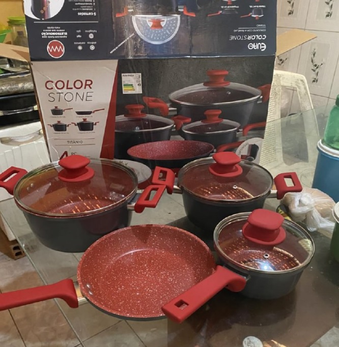 Conjunto de panelas ColorStone 4 peças de alumínio com antiaderente e tampa de vidro, Titânio, ALU8709-TI, Euro Home