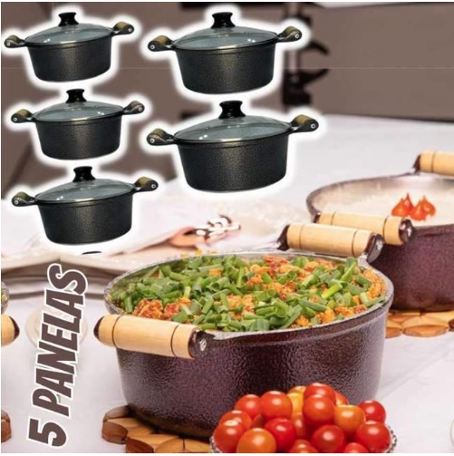 Jogo 5 Panelas Cerâmica Antiaderente Aluminio Fundido Com Cabo de Madeira Tampas Em Vidro Temperado