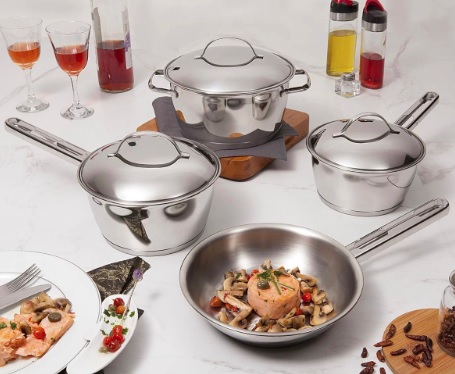 Jogo de Panelas Tramontina Allegra 4 Peças em Aço Inox com Fundo Triplo e Tampas de Inox