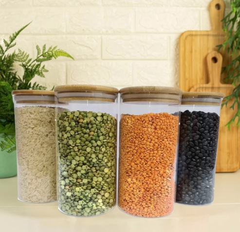 Potes de Vidro P/ Mantimentos 1100ml C/ Tampa Bambu – 4 Pçs Oikos