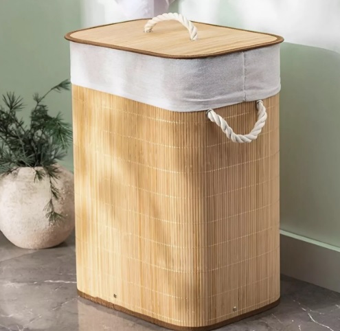 Cesto Bambu Organizador Grande Multifuncional Forrado Bege