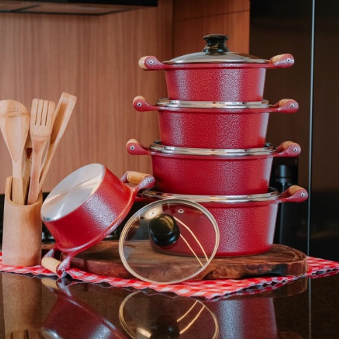 Jogo Panelas Cerâmica Atoxica Antiaderente Com Cabo de Madeira Tampas de Vidro Temperado