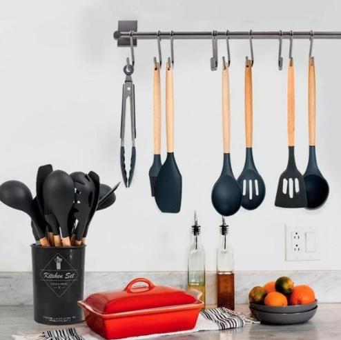 Kit 12 Utensílios De Cozinha Em Silicone E Cabo De Madeira