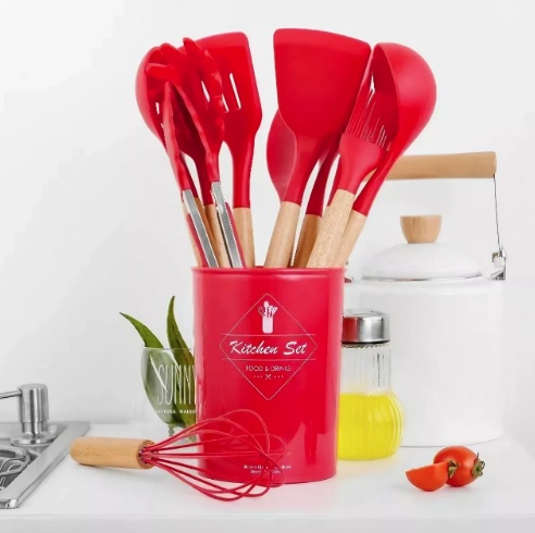 Kit C/12 Utensílios De Cozinha Silicone Cabo Madeira