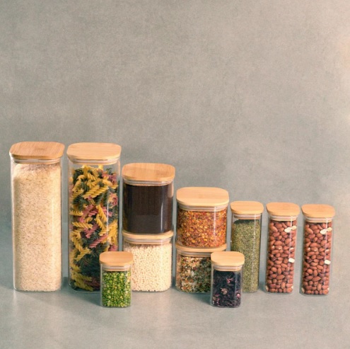 Kit Pote Hermético Vidro Quadrado Tampa Bambu 11 Peças Oikos