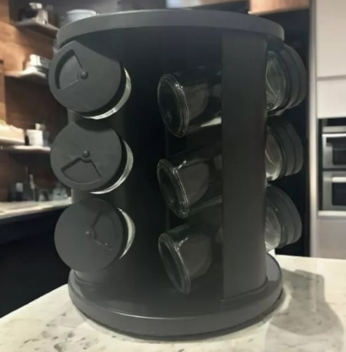 Porta Condimentos Temperos Giratório 9 Potes Vidro Tampa Dosadora Preto – Bela Kaza