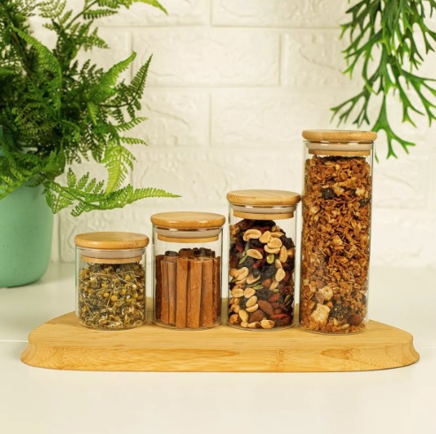 Potes De Vidro P/ Mantimentos C/ Tampa Bambu Oikos – 4 Pçs Cor Marrom-claro