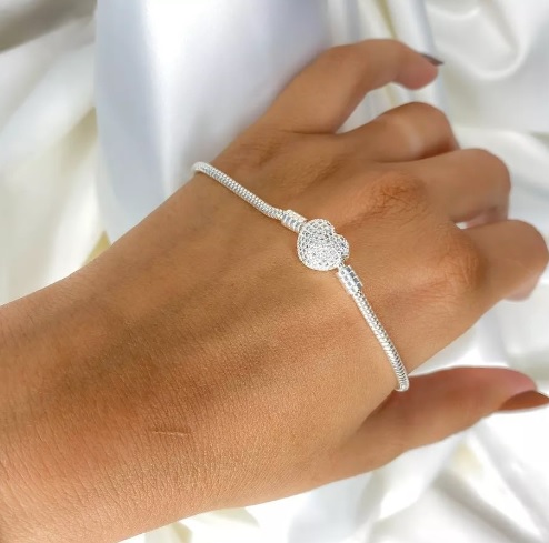Pulseira Berloques Prata 925 Coração Zircônias Com Garantia