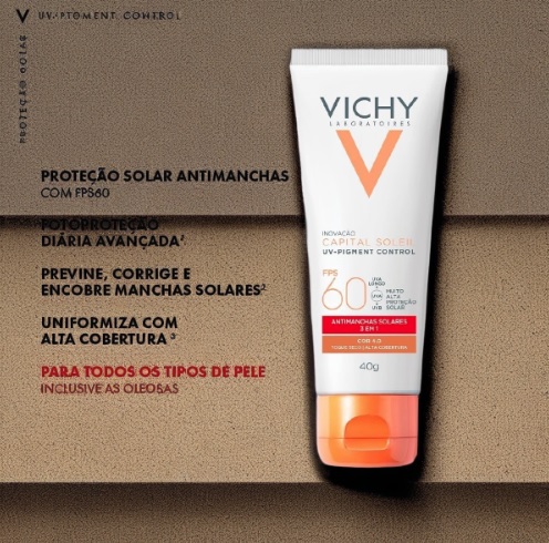 Vichy, Pigment Control, Protetor Solar Facial anti manchas com Alta cobertura, Vitamina B3, Ácido Tranexâmico, FPS60