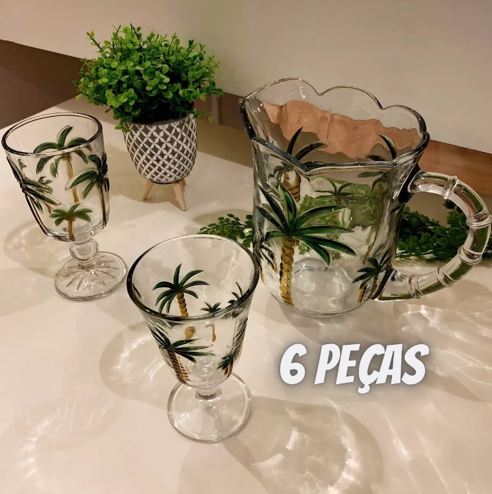Cj Jarra 6 Taças Cristal Palm Hand Painting 1,3l/240ml Lyor