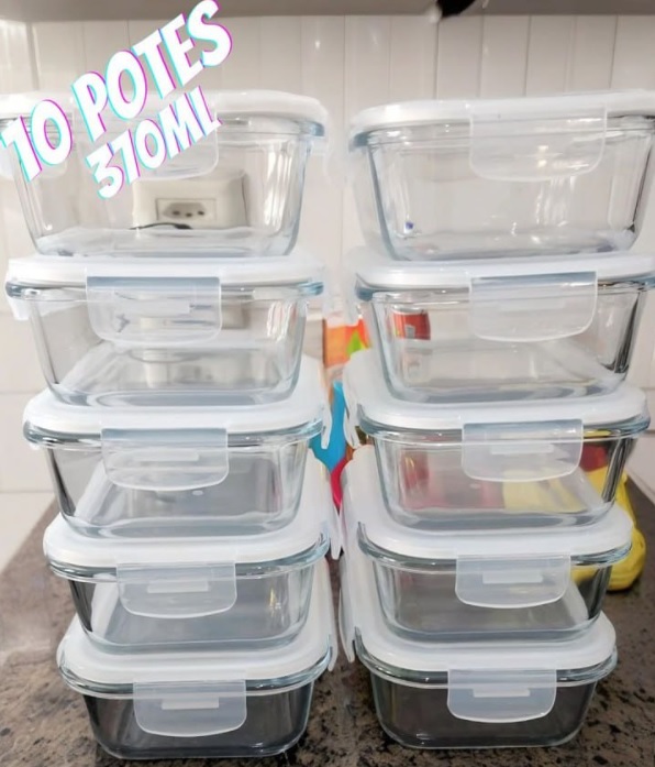 Conjunto 10 Potes Vidro Hermético Mantimentos Marmita 370ml