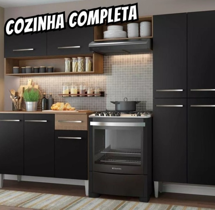 Armário de cozinha modulada completa compacta Emilly pop com armário e balcão cor rustic/preto GREM229002