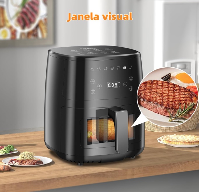 ESHMEL 5L Air Fryer 127v, Digital Airfryer, Fritadeira Eletrica Com Janela Transparente, Revestimento Antiaderente, Cesto Removíveis, Up to 200 ℃, 1400W, Preto