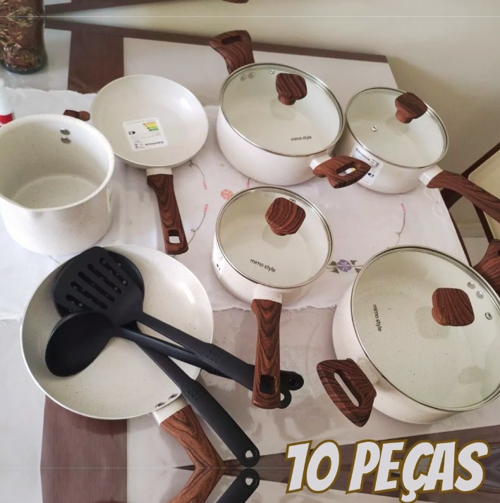 Jogo De Panelas Indução Conjunto 10 Peças Fundo Triplo Pratic Cook Marmol Vanilla Mimo Style