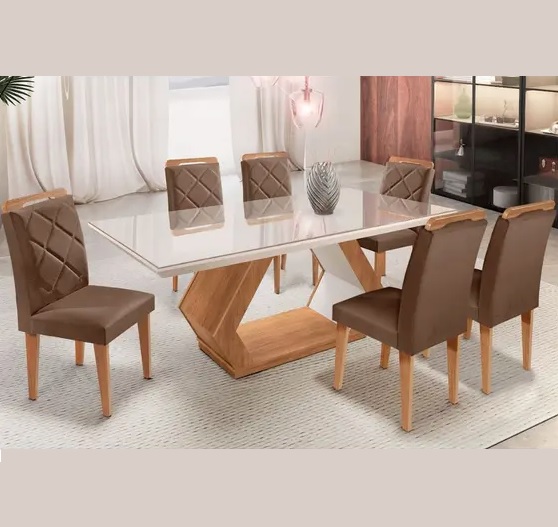 Mesa Alvorada 180 Tp Mdf Vidro canto Reto 6 Cadeiras Rufato
